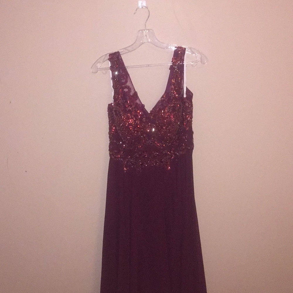 Floor length burgundy formal dress